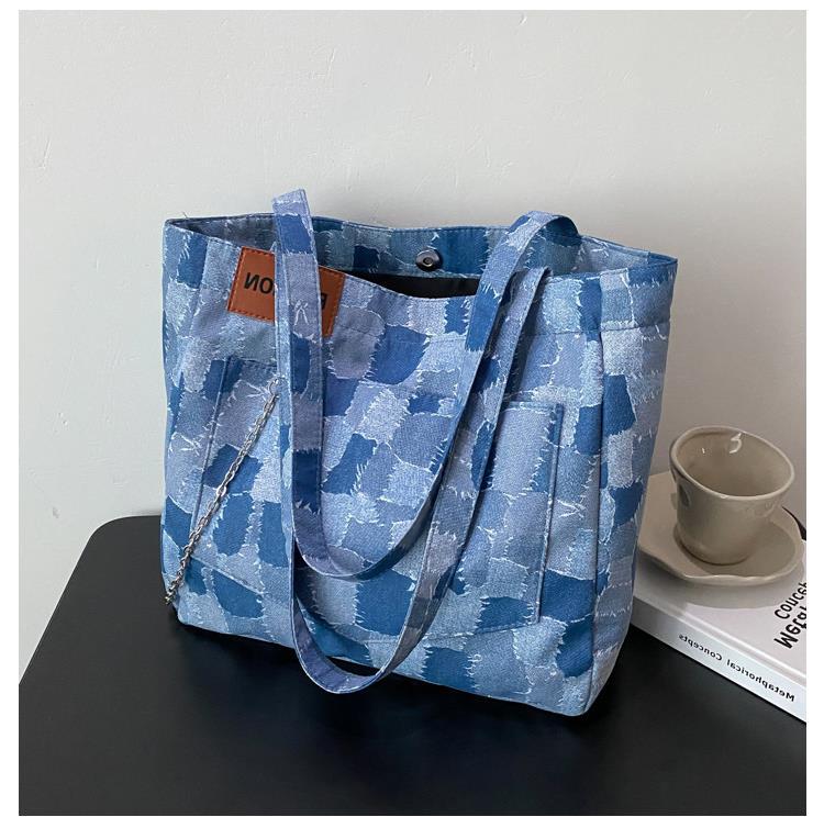 Denim Bag Women's Summer New Trendy Fashion Plaid One Shoulder Messenger Bag Large-Capacity Commuter Tote Bag