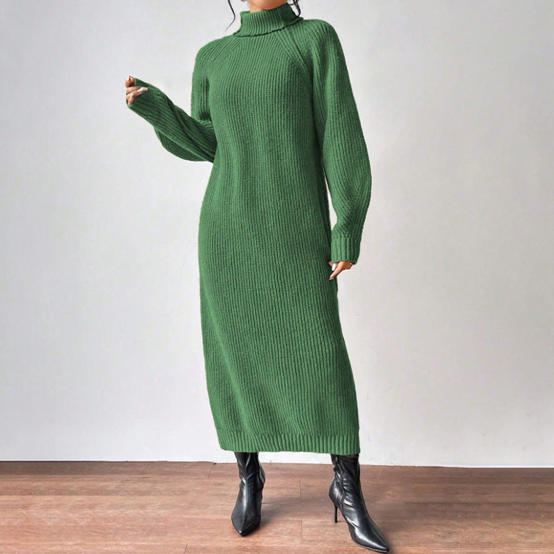 Vestido de punto a la moda para mujer, manga larga, cuello alto, cuello redondo, color liso, largo, vestido de capa interior