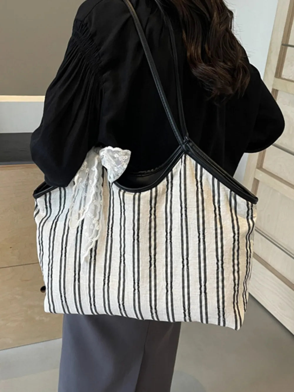 Striped Canvas Tote Bag-AURA REGALIA 