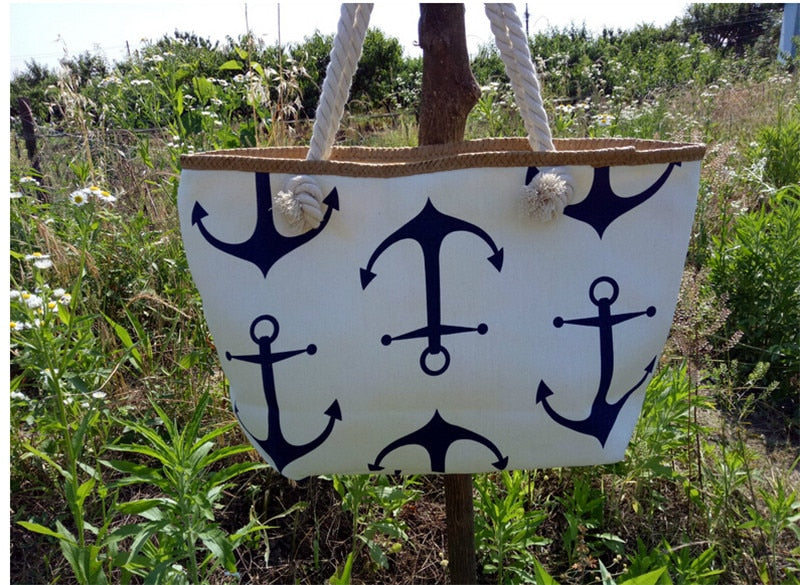 Women Large Capacity Summer Bag Hemp Rope Straw Weave Printed Anchor Canvas Bag Shopping Big Tote Beach Bag