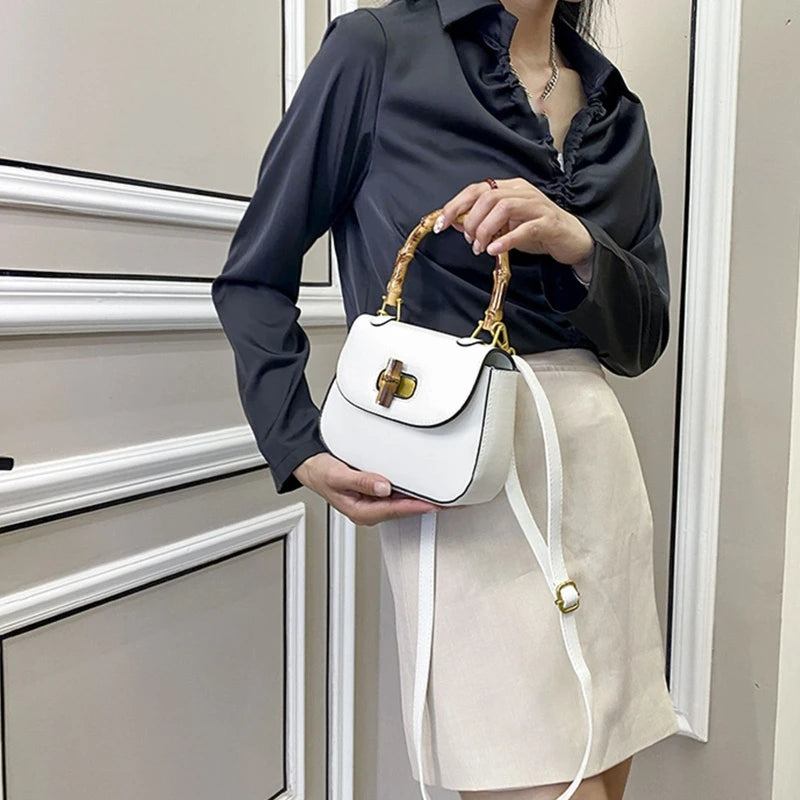 Vintage Saddle Bag with Bamboo Handle Messenger Bag Leather Handbag Shoulder Bag Crossbody Bag Gift for Valentine's Day-AURA REGALIA 
