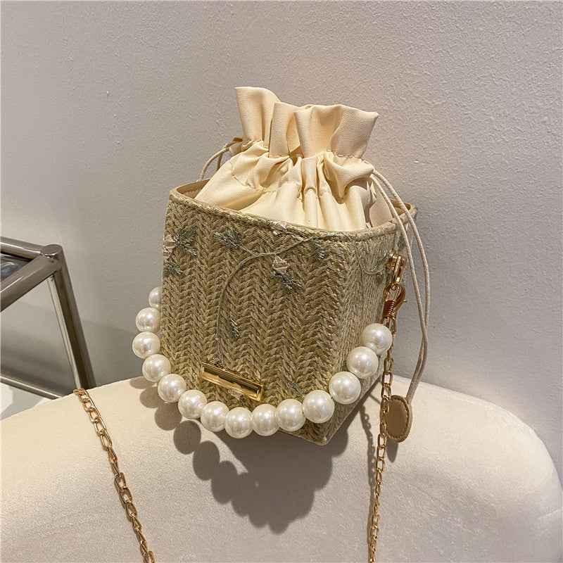 Pearl Handbag Women's New Trendy Small Square Bag Fashion Chain Shoulder Bag Summer Net Red Woven Bucket Bag