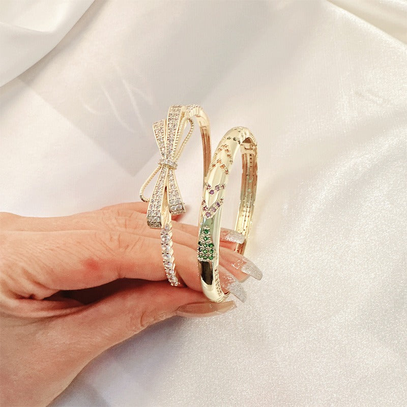 Bow shaped bracelet with copper micro inlaid zircon bracelet