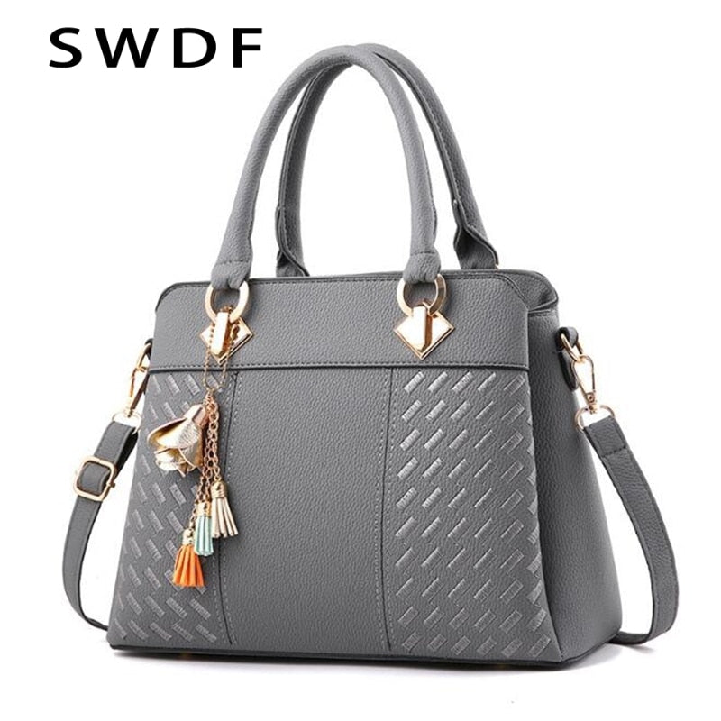 Women Handbags Tassel PU Leather Totes Bag Top-handle Embroidery Crossbody Bag Shoulder Bag Lady Simple Style Hand Bags-AURA REGALIA 