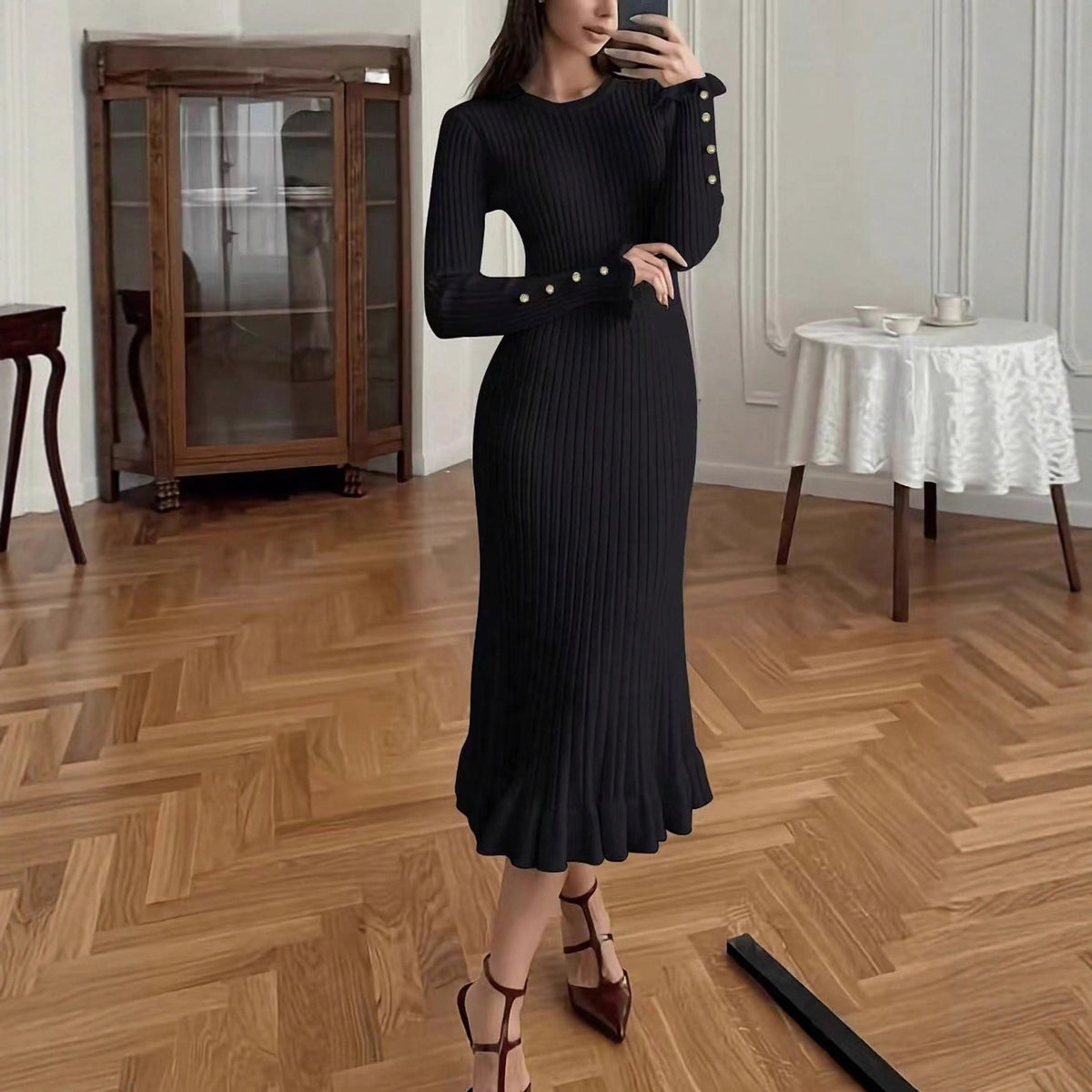 Vestido de punto elegante e informal para mujer, vestido versátil liso sencillo