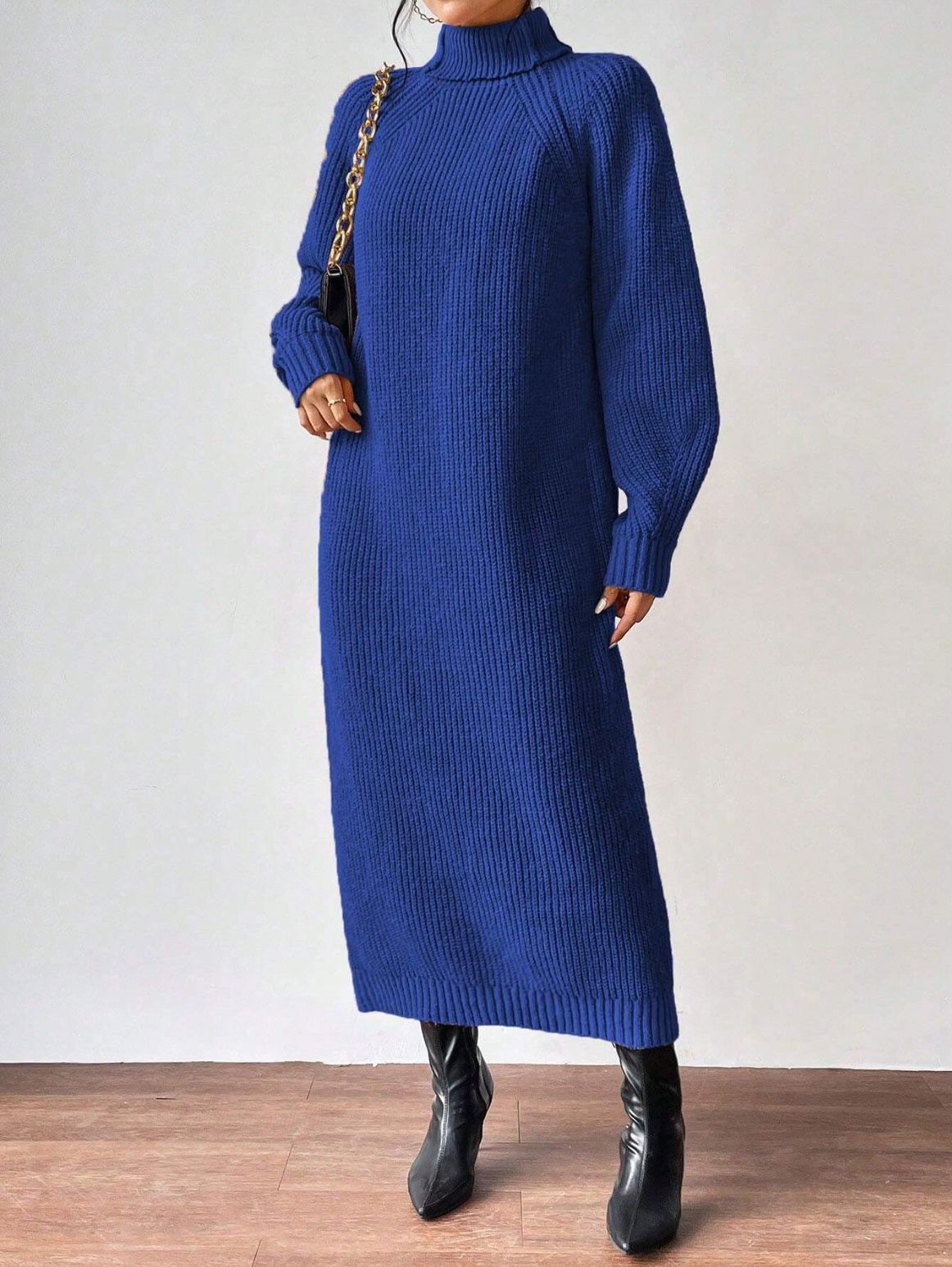 Vestido de punto a la moda para mujer, manga larga, cuello alto, cuello redondo, color liso, largo, vestido de capa interior