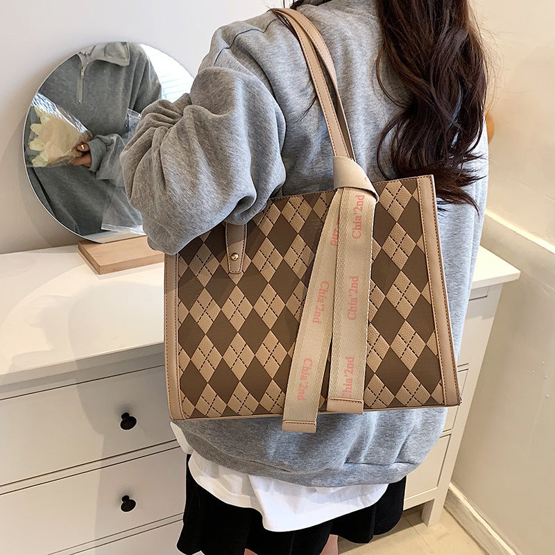 Checkerboard Rhombus Shoulder Bag New Spring Tote Bag Fashion Underarm Large Bag Casual Large Capacity Handbag-AURA REGALIA 