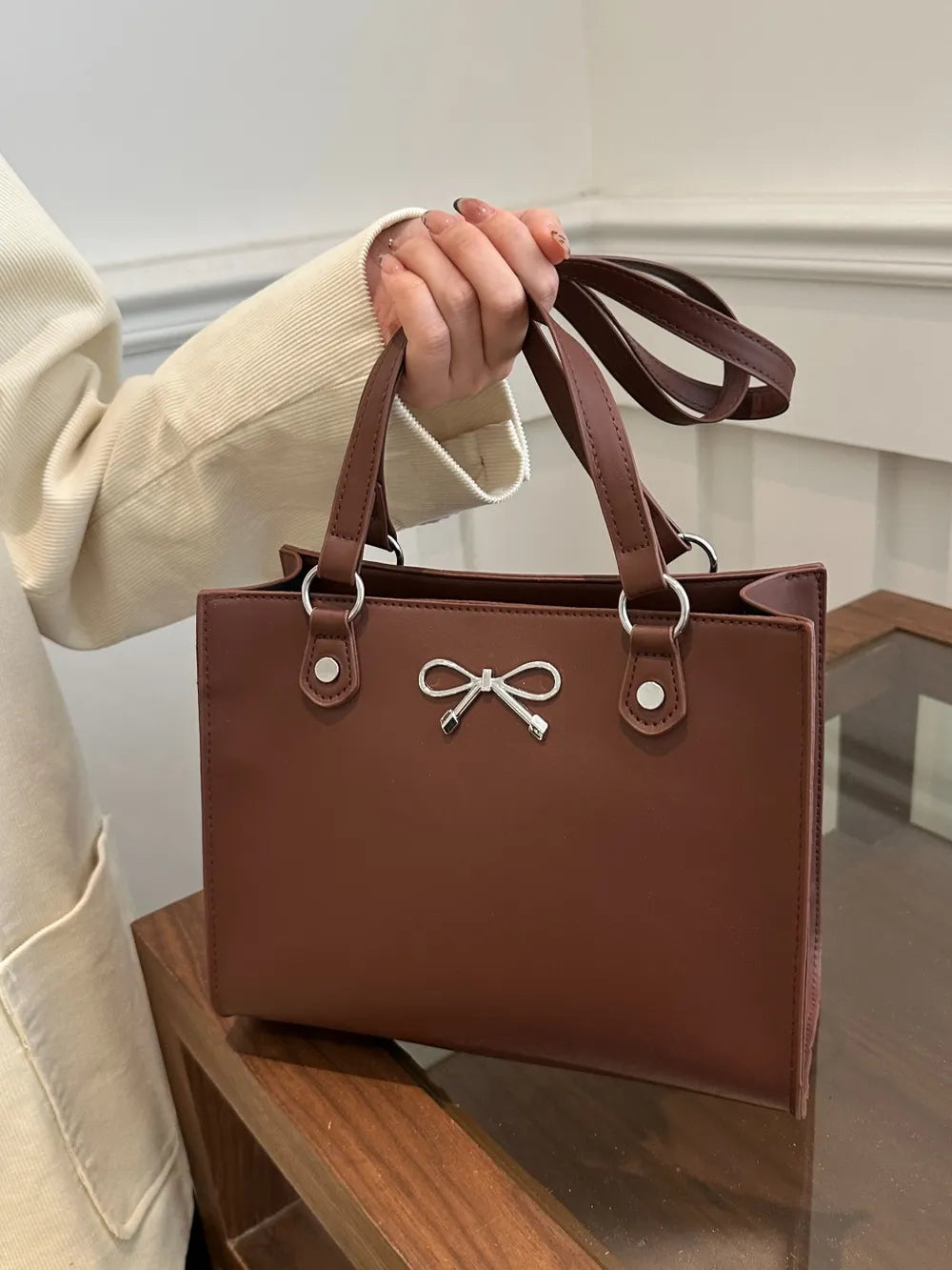Bow PU Leather Shoulder Bag-AURA REGALIA 