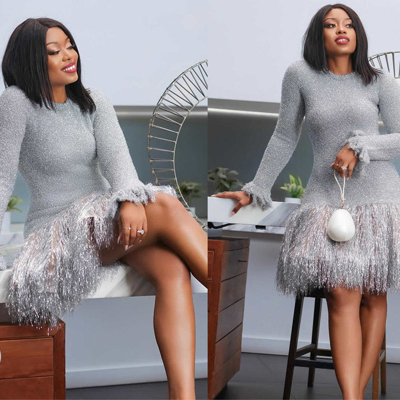 Silver Evening Short Dress with tassels skirt
