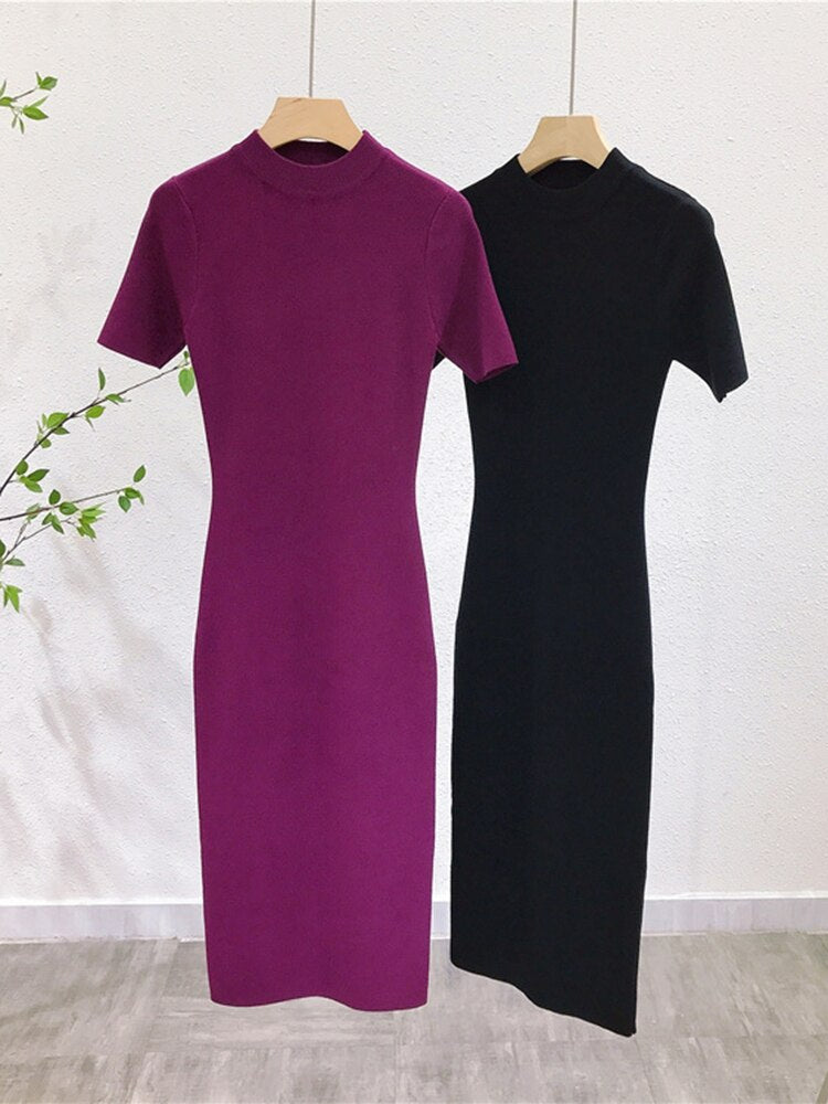 Vestidos de punto suaves de alta calidad, coreanos, de cuello medio vuelto, de manga corta, vintage, básicos y entallados para mujer
