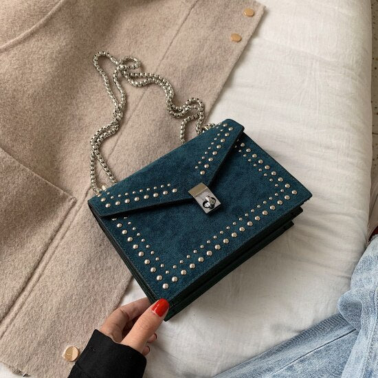 Scrub Leather Brand Designer Shoulder Simple Bags For Women Chain Rivet Luxury Crossbody Bag Female Fashion Small Handbags-AURA REGALIA 