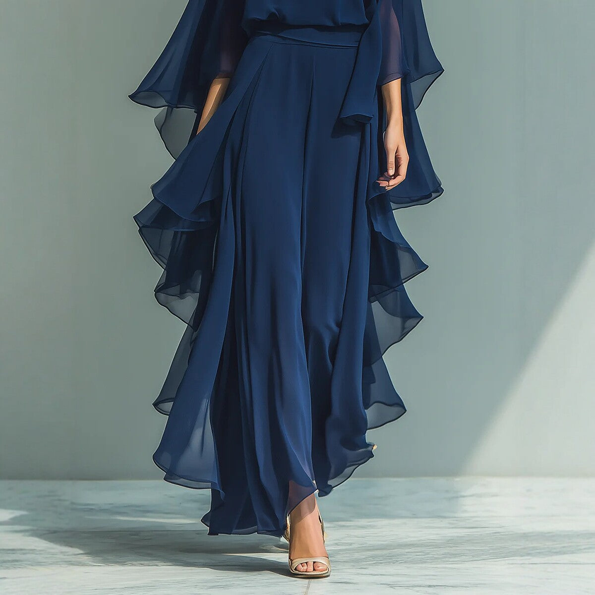 Deep Blue Ruffle Wide-Leg Pants Set for Women, Fashion Elegant Two-Piece Long Sleeve Casual Pants