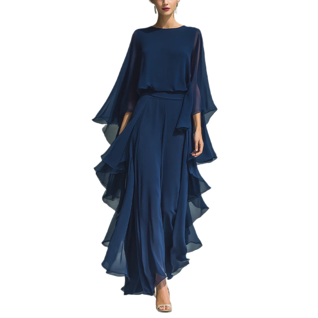 Deep Blue Ruffle Wide-Leg Pants Set for Women, Fashion Elegant Two-Piece Long Sleeve Casual Pants