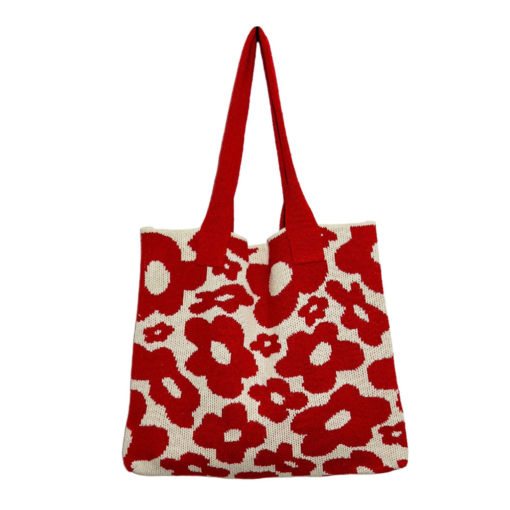 New Flower Bag Knitted Bag Large Capacity Tote Bag Student Shoulder Bag Woolen Bag Trendy Girl