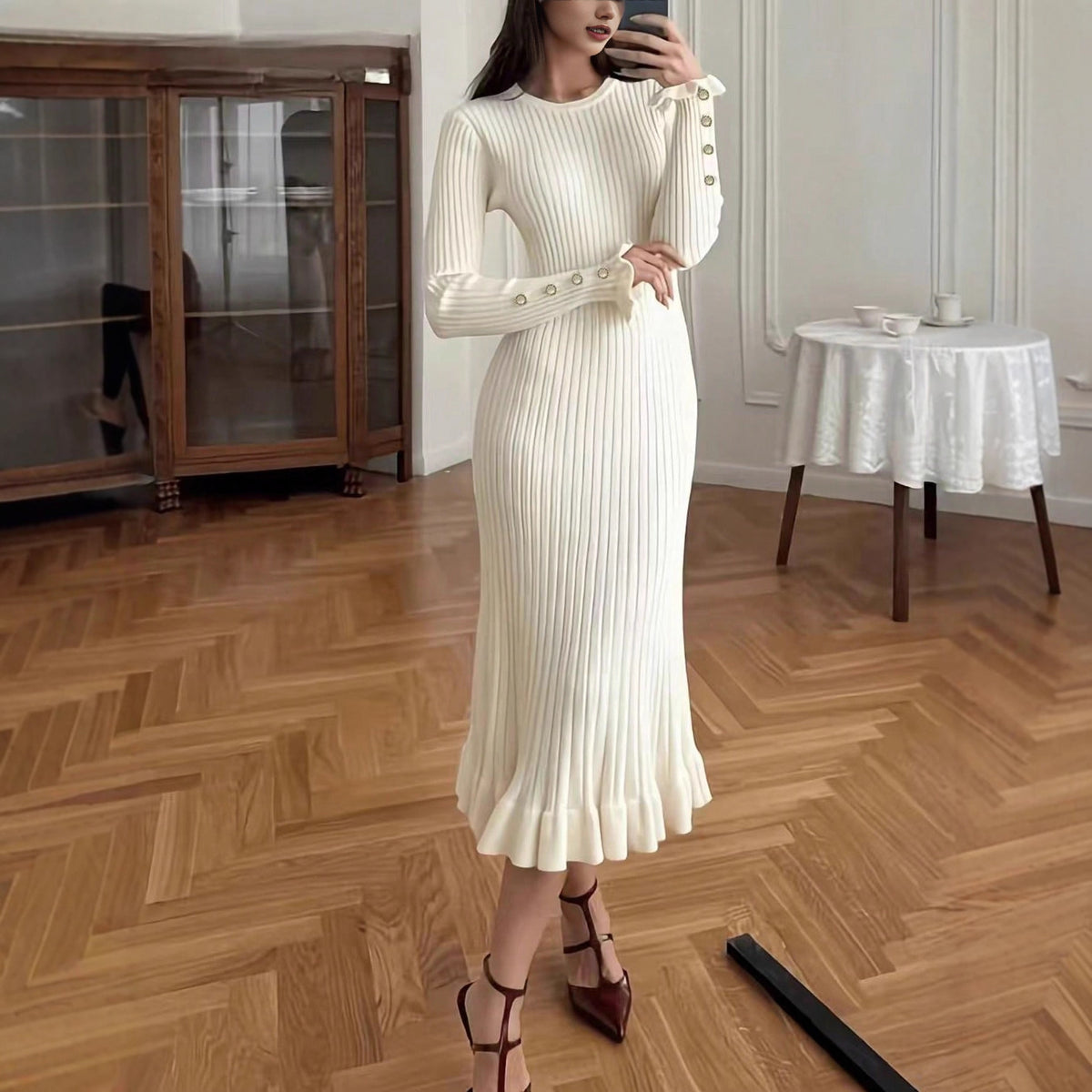 Vestido de punto elegante e informal para mujer, vestido versátil liso sencillo