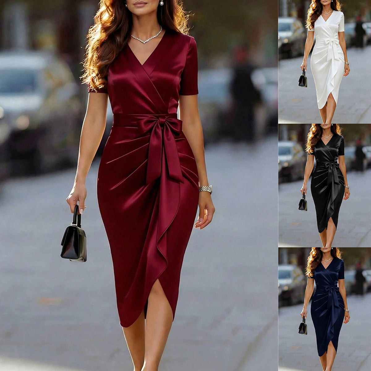 V-neck Dress bow short sleeved mid length skirt