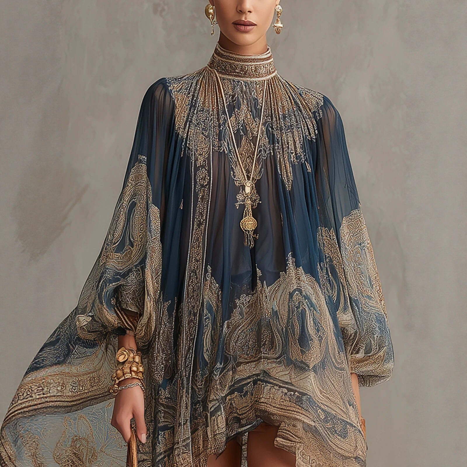 Printed Long Sleeve High Neck Loose Dress