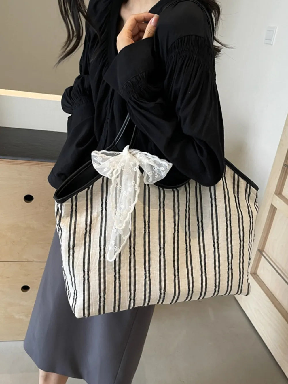 Striped Canvas Tote Bag-AURA REGALIA 