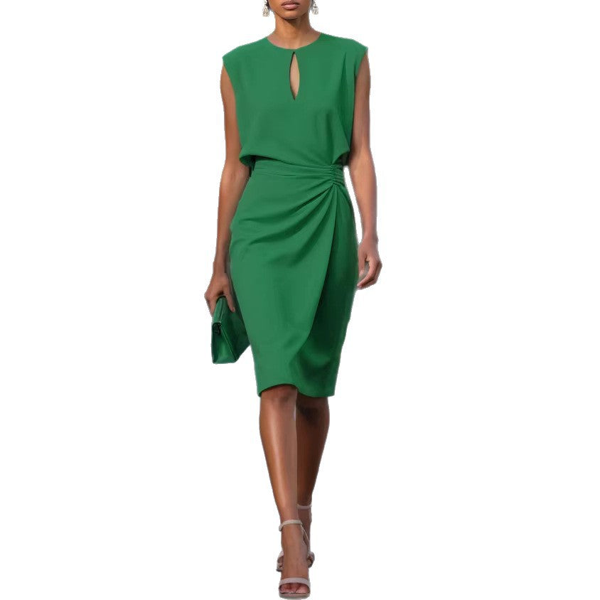 Solid color pleated waist cinched round neck hollow out Dress