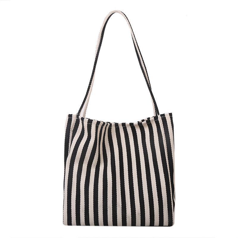 Simple Stripe Canvas Tote Bag for Women, Minimalist Ins Style, Bohemian Casual Fashion, Spring Summer Shopping Bag, Shoulder Handbag, Large Capacity