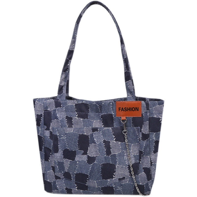 Denim Bag Women's Summer New Trendy Fashion Plaid One Shoulder Messenger Bag Large-Capacity Commuter Tote Bag