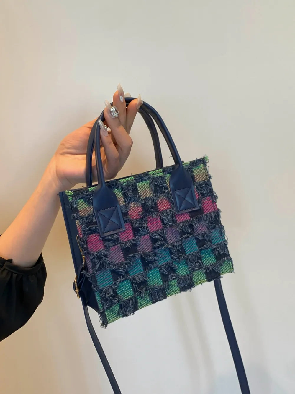 Raw Edge Plaid Shoulder Bag-AURA REGALIA 