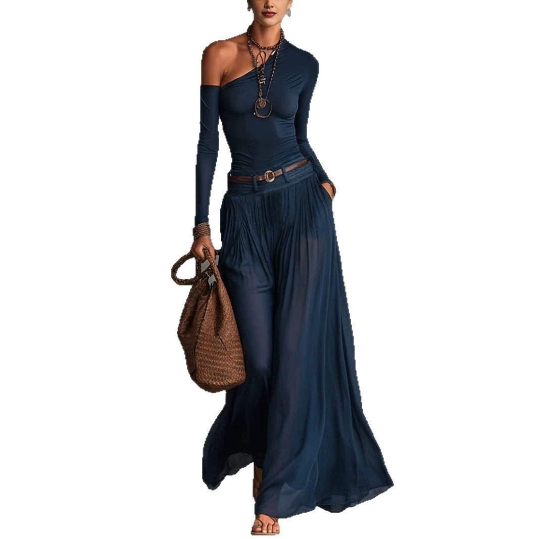 Asymmetrical Navy Blue Shoulder Long Sleeve Casual Set with Belted Long Dress
