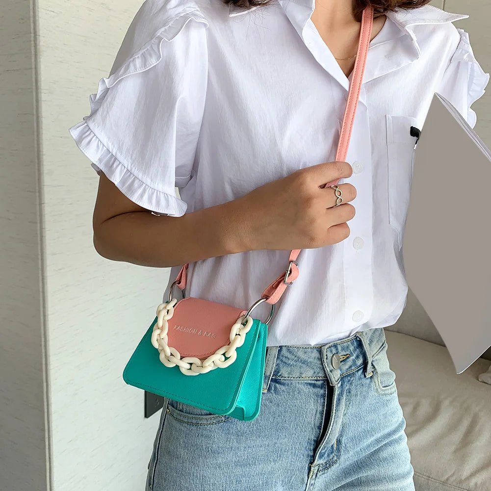 Youth Ladies Simple Versatile Bag Women Mini Crossbody Bag Acrylic Chain Lady Hit Color PU Leather Shoulder Pouch-AURA REGALIA 