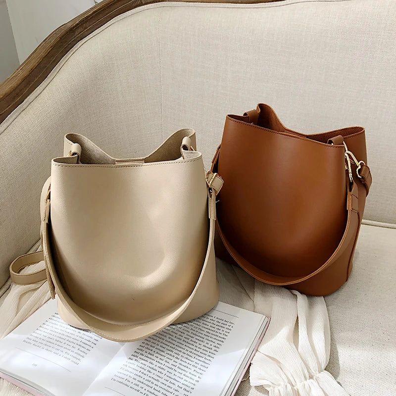 casual wide strap buckets bag designer women shoulder bags luxury pu crossbody bag large capacity messenger bag simply purses-AURA REGALIA 