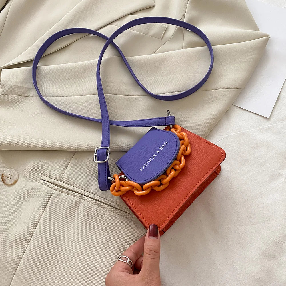 Youth Ladies Simple Versatile Bag Women Mini Crossbody Bag Acrylic Chain Lady Hit Color PU Leather Shoulder Pouch-AURA REGALIA 