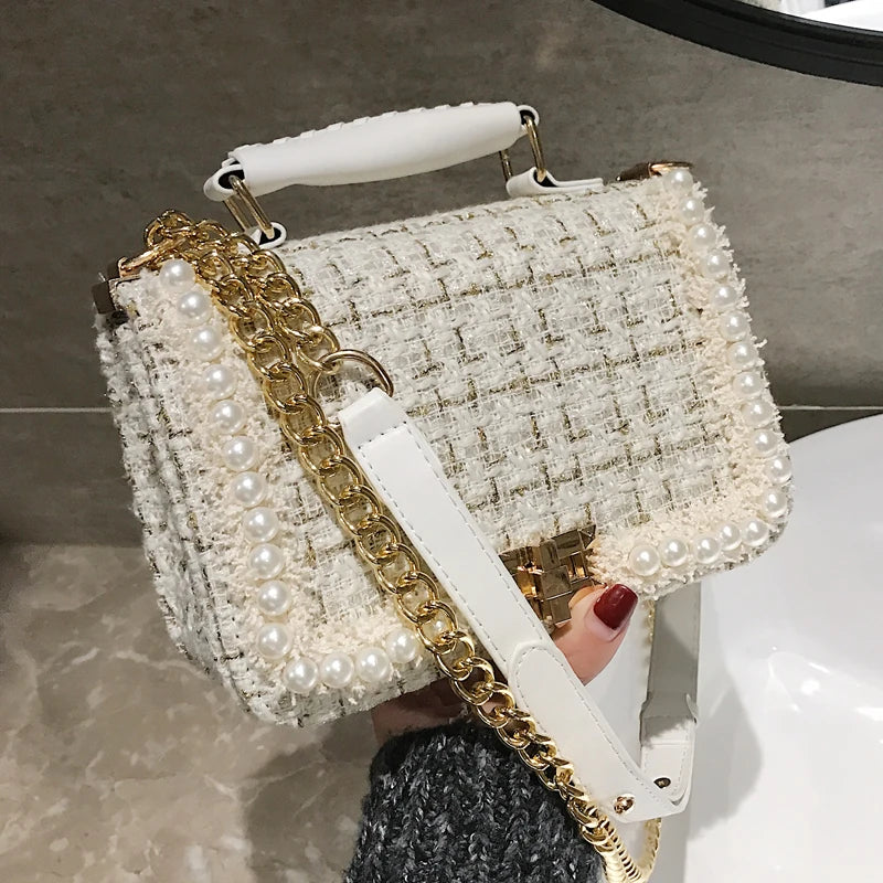 Fashion New Female Square Tote bag Quality Woolen Pearl Women's Designer Handbag Ladies Chain Shoulder Crossbody Bag Travel-AURA REGALIA 