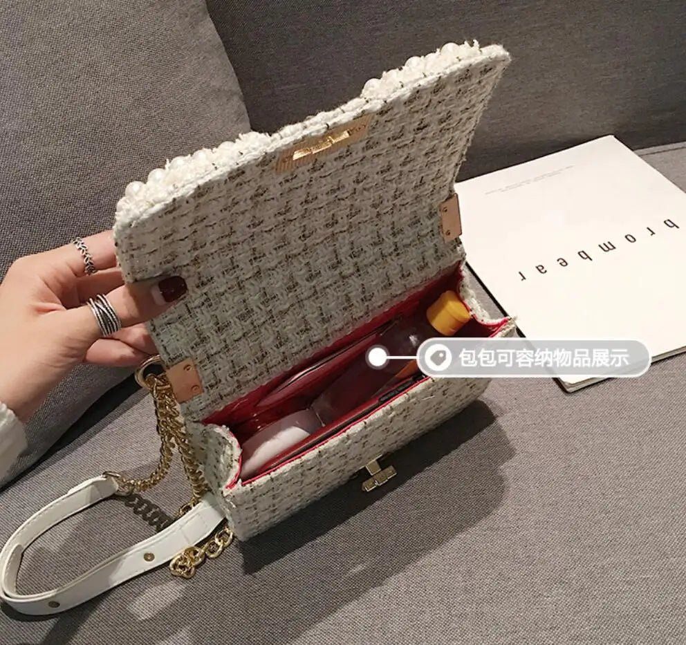 Fashion New Female Square Tote bag Quality Woolen Pearl Women's Designer Handbag Ladies Chain Shoulder Crossbody Bag Travel-AURA REGALIA 