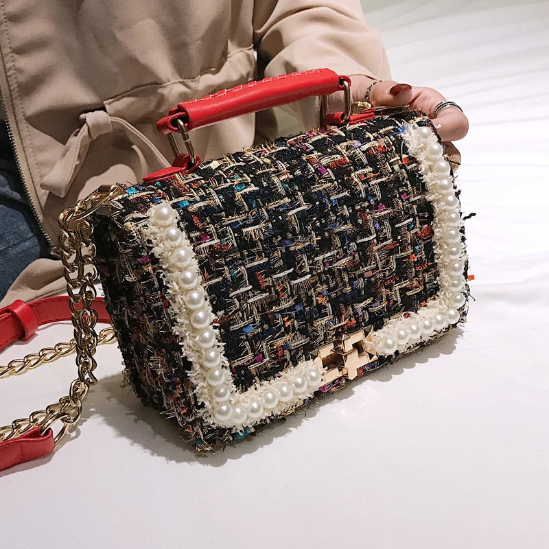 Fashion New Female Square Tote bag Quality Woolen Pearl Women's Designer Handbag Ladies Chain Shoulder Crossbody Bag Travel-AURA REGALIA 