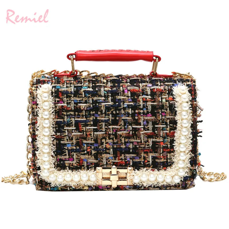 Fashion New Female Square Tote bag Quality Woolen Pearl Women's Designer Handbag Ladies Chain Shoulder Crossbody Bag Travel-AURA REGALIA 