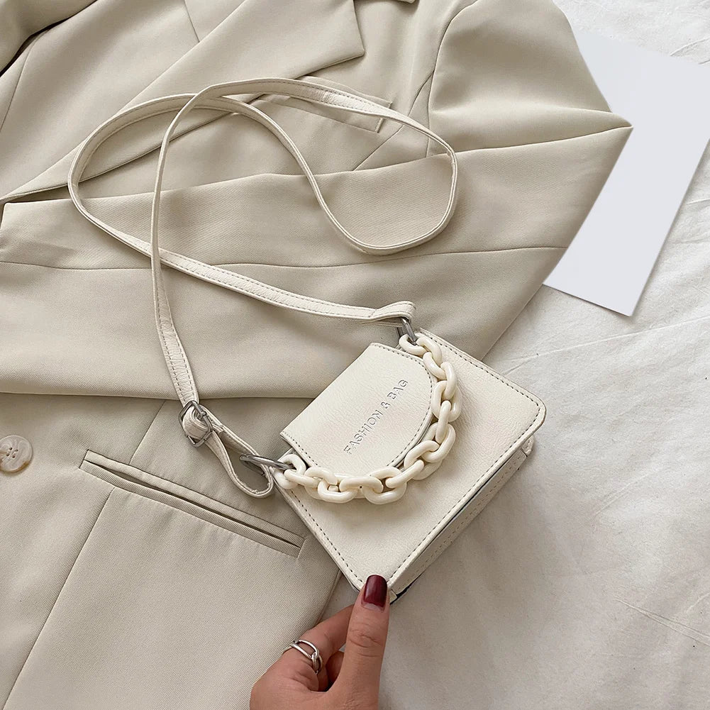 Youth Ladies Simple Versatile Bag Women Mini Crossbody Bag Acrylic Chain Lady Hit Color PU Leather Shoulder Pouch-AURA REGALIA 