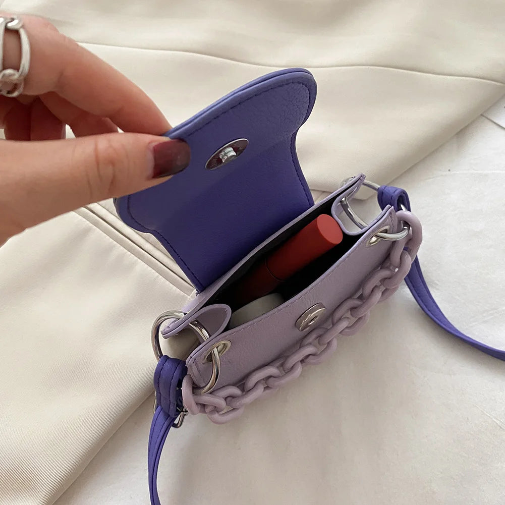 Youth Ladies Simple Versatile Bag Women Mini Crossbody Bag Acrylic Chain Lady Hit Color PU Leather Shoulder Pouch-AURA REGALIA 