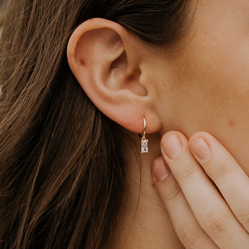 Sophie Baguette Diamond Dangle Hoops-AURA REGALIA 