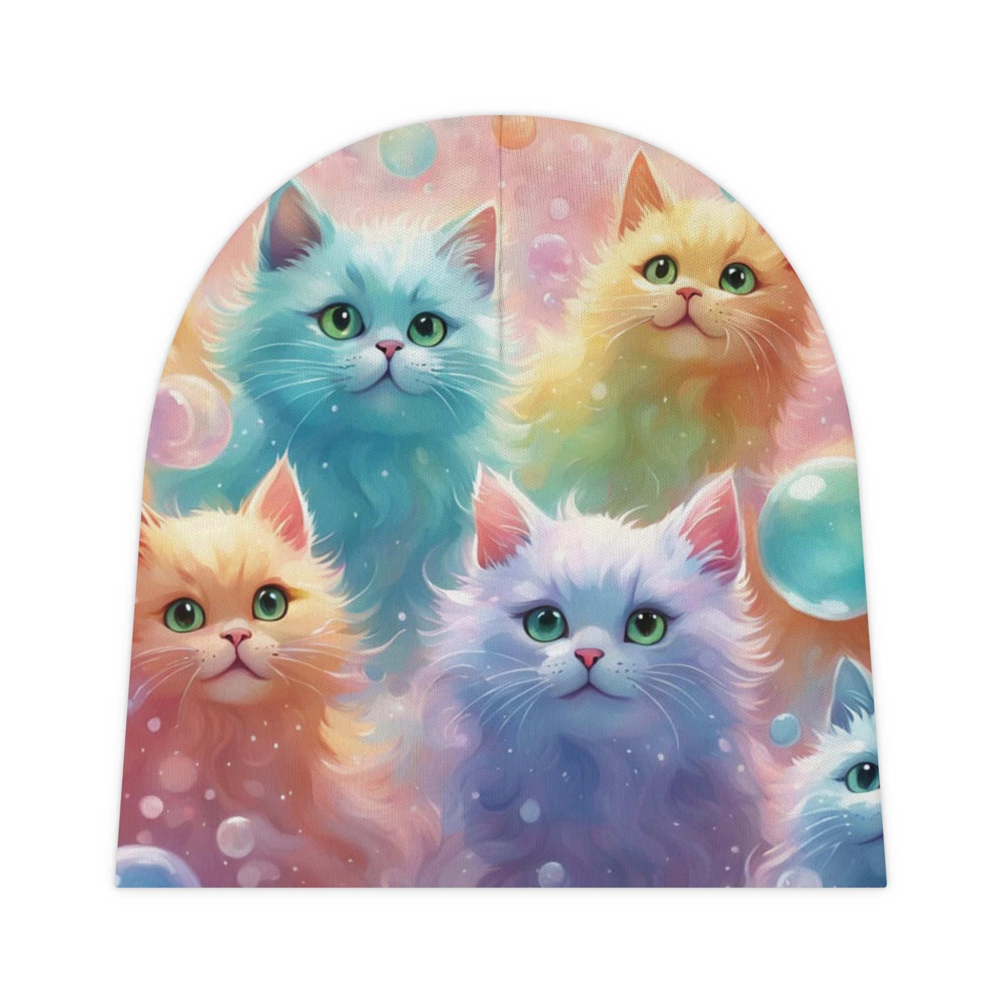 Pastel Rainbow Kittens Baby Beanie | All-Over Print Cat Pattern