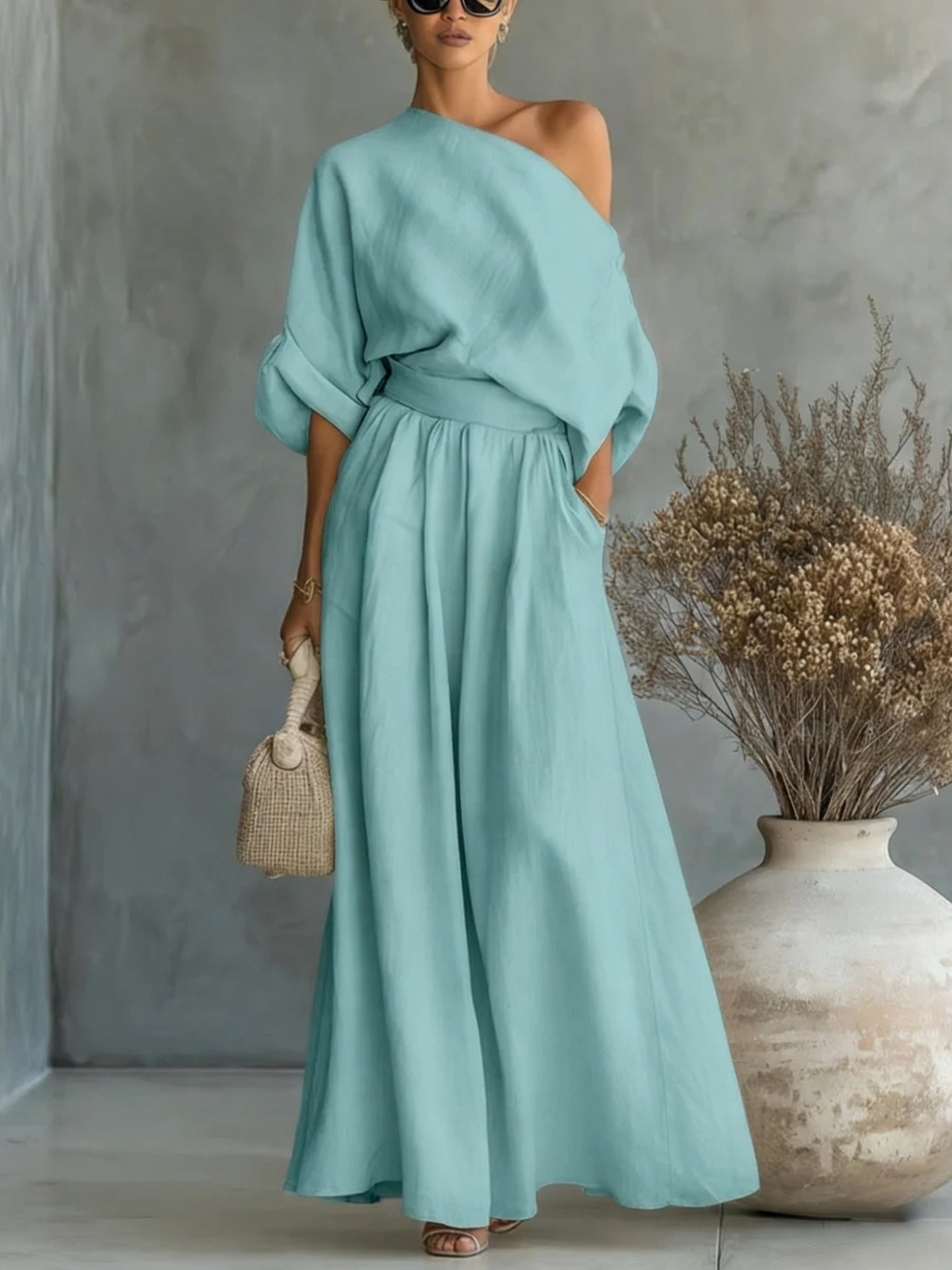 Cropped Off-shoulder Top And Pants Two-piece Set-AURA REGALIA 