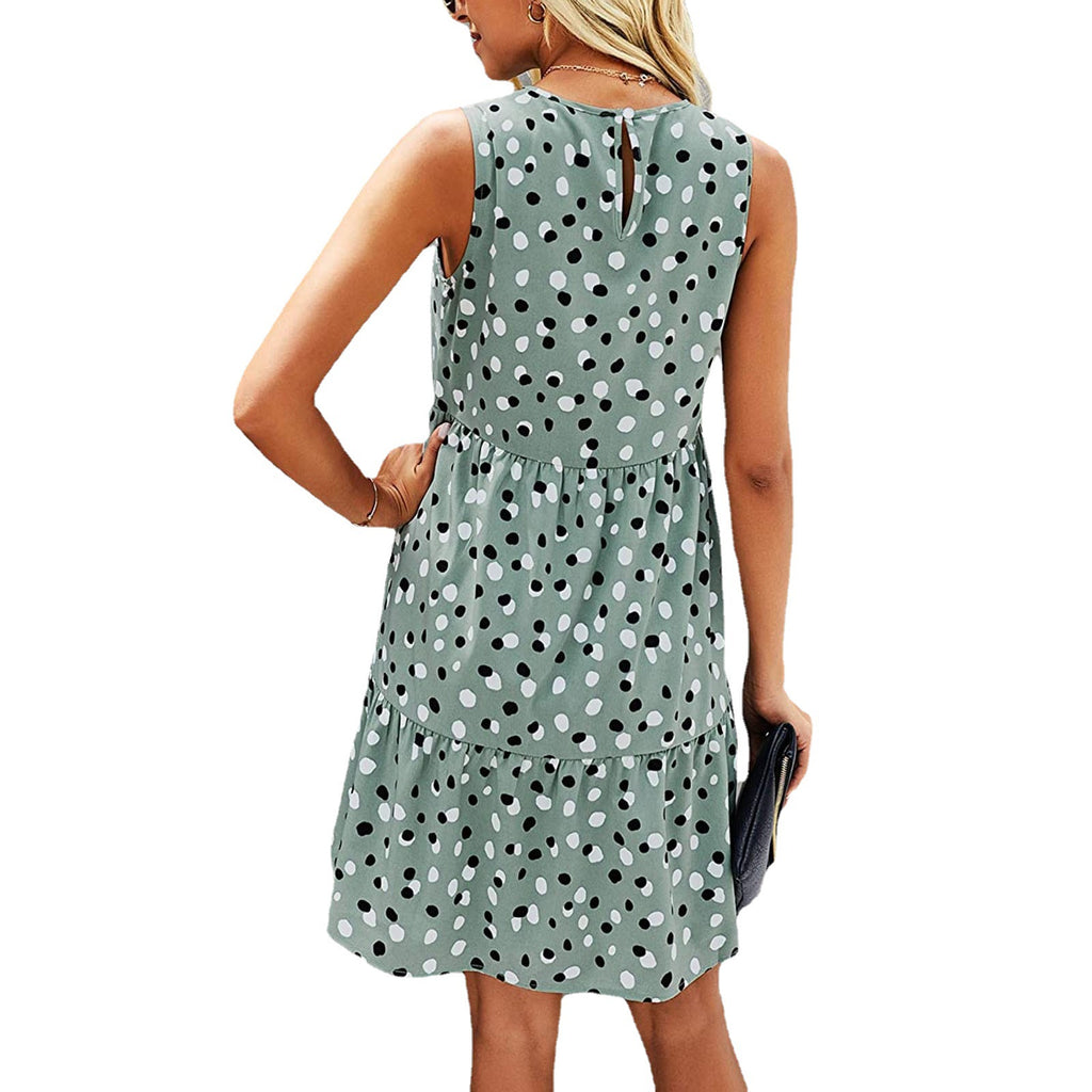 Women Summer Dot Print Sleeveless Loose Swing T-Shirt Dress With Pocket Casual Tank Mini Dresses Sundress-AURA REGALIA 