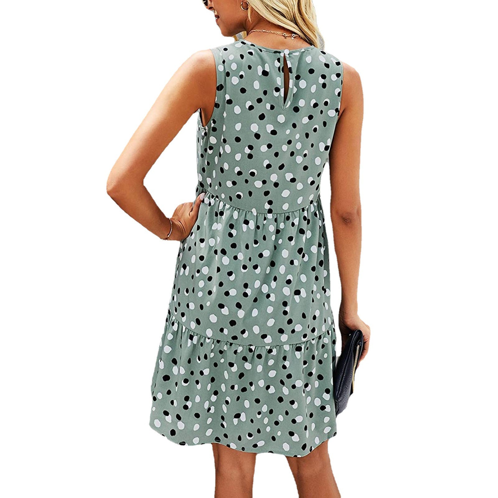 Women Summer Dot Print Sleeveless Loose Swing T-Shirt Dress With Pocket Casual Tank Mini Dresses Sundress-AURA REGALIA 