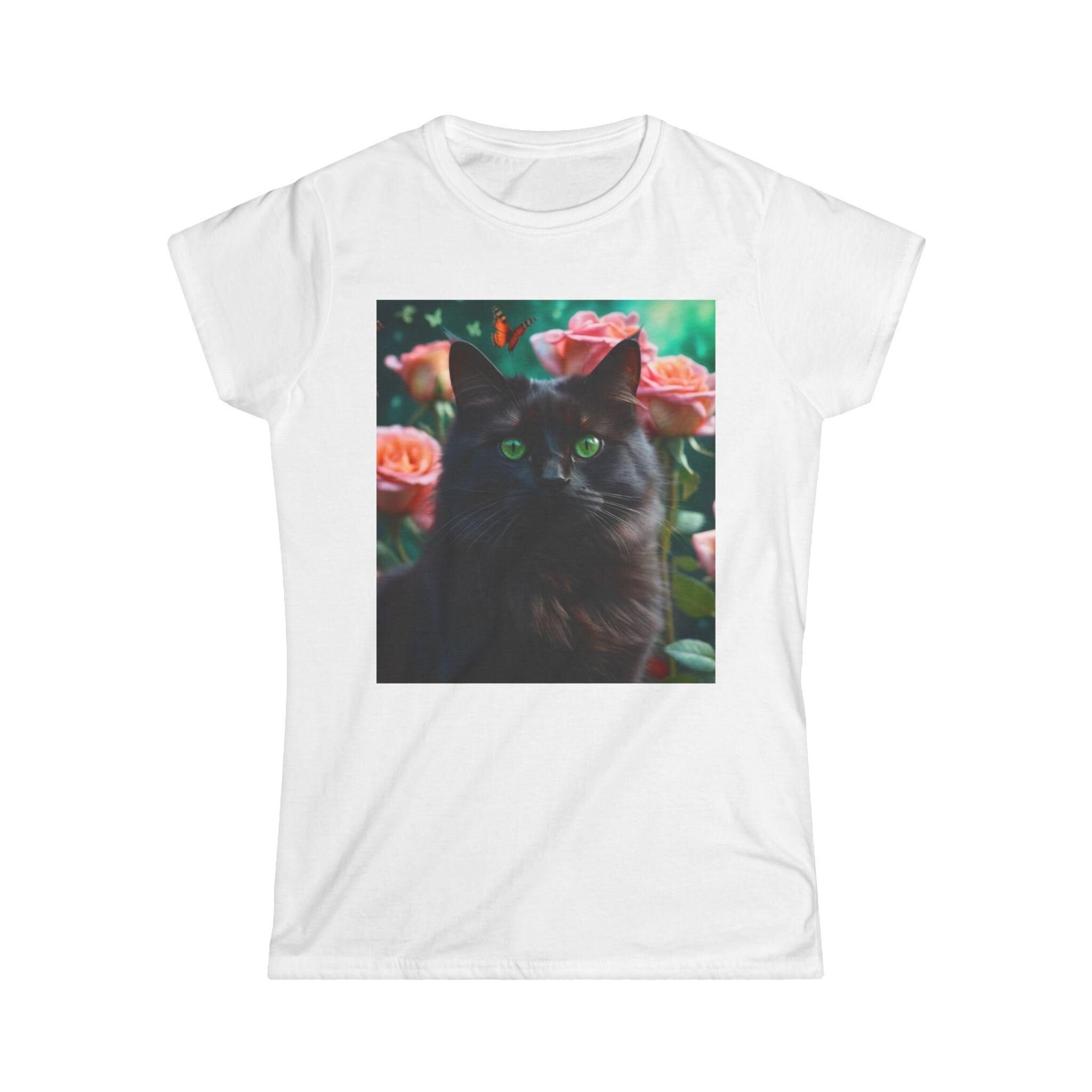 Black Cat with Flowers and Butterflies Tee