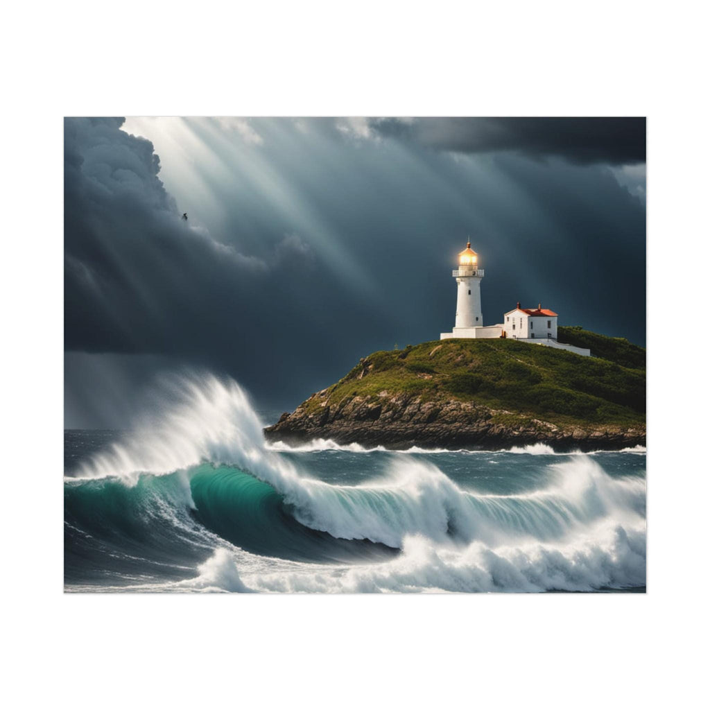 Lighthouse on Stormy Coast Poster | Ocean Waves Seascape Print