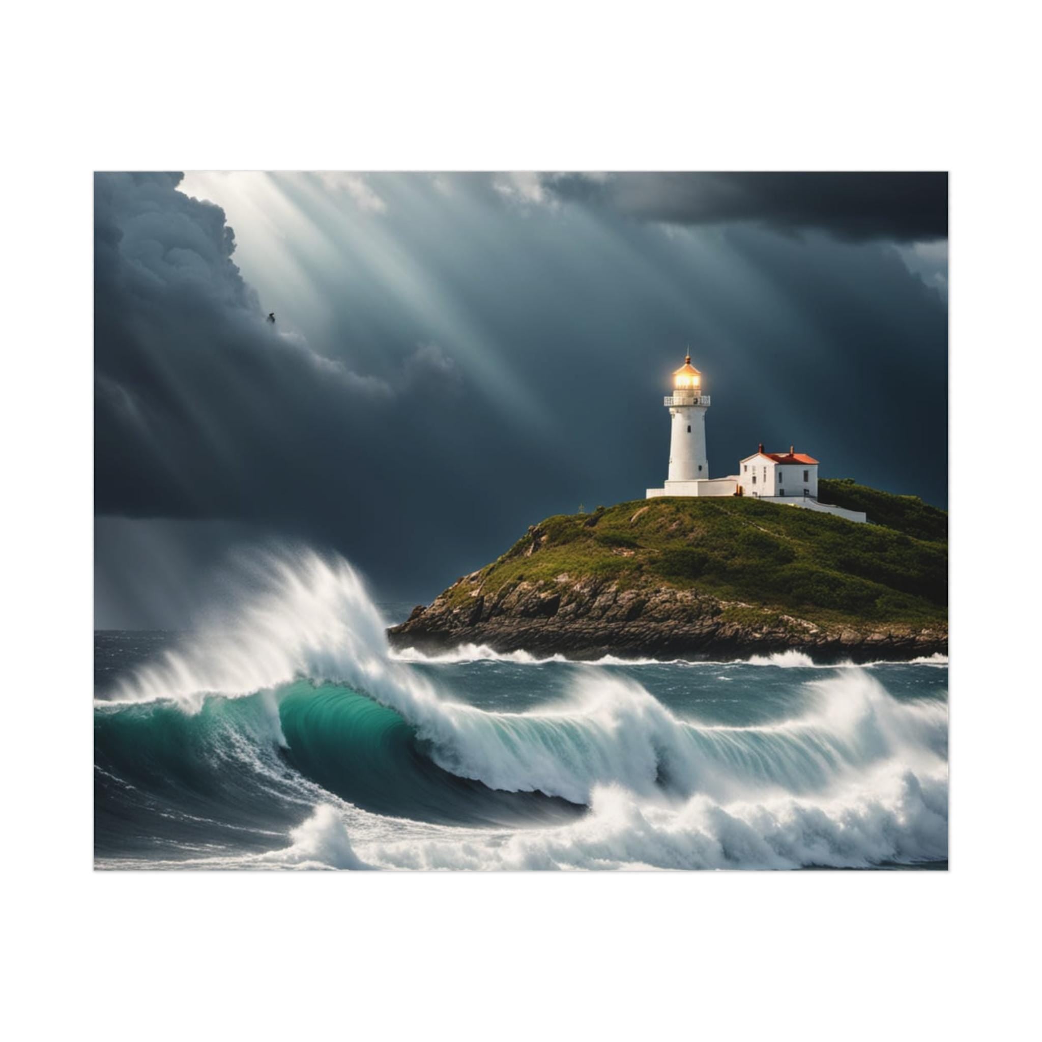 Lighthouse on Stormy Coast Poster | Ocean Waves Seascape Print