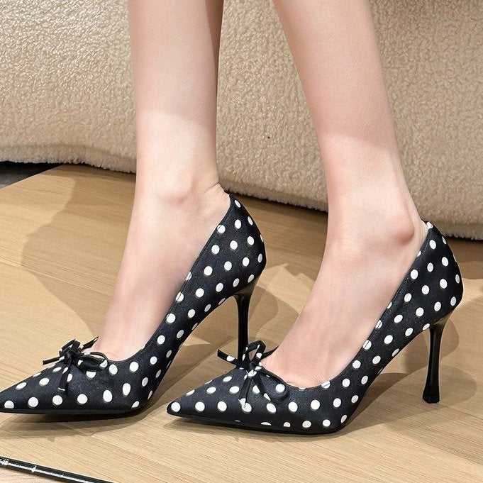 Fairy Style Pointed Toe Polka Dot Gentle Pumps For Women, French Style Soft Sole Stiletto High Heels Perfect With Dresses-AURA REGALIA 