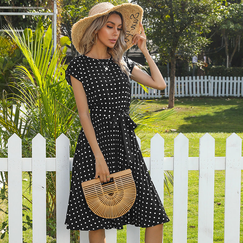 Summer Women Polka Dot Short Sleeve Dress Casual Bandage Party Pleated Midi Dresses Elegant Green Office Lady Clothing-AURA REGALIA 