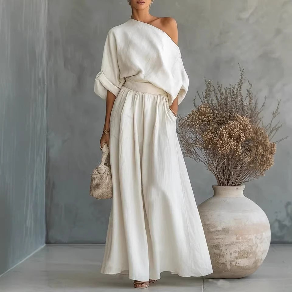Cropped Off-shoulder Top And Pants Two-piece Set-AURA REGALIA 