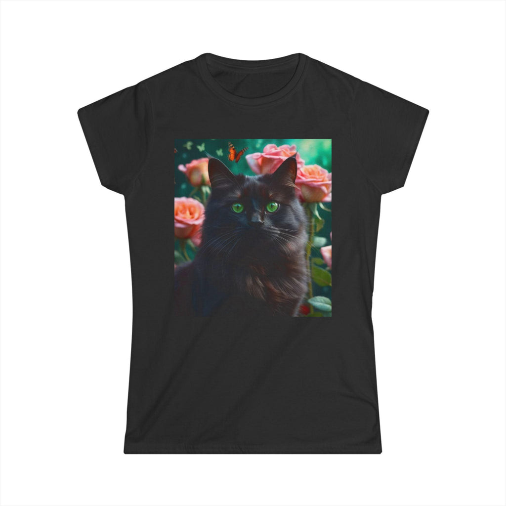 Black Cat with Flowers and Butterflies Tee