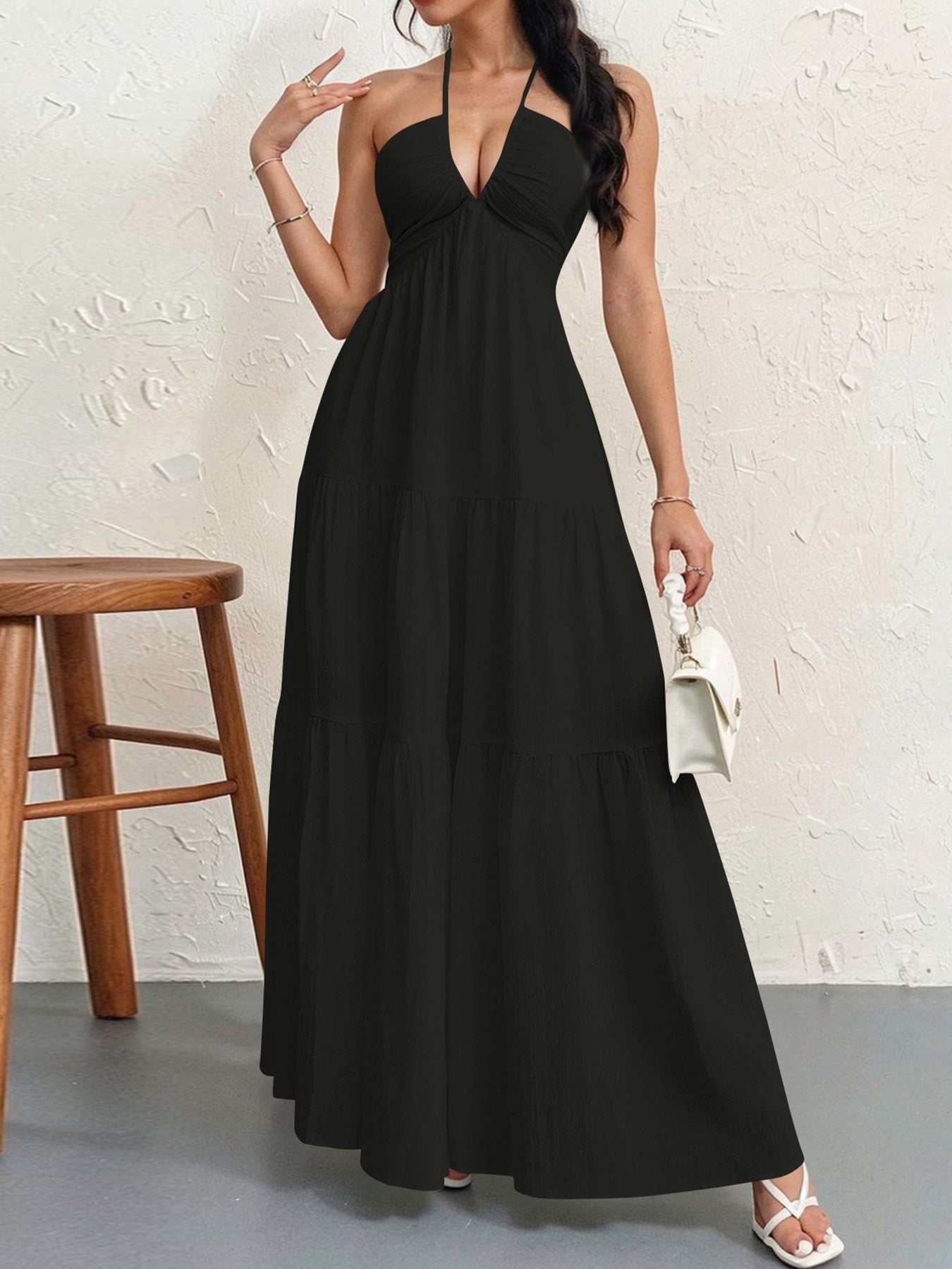 Backless Halterneck V-Neck Pleated A- Line Dress Women's Clothing One-Piece Dress Ankle-length Skirt For Beach Vacation Outfits-AURA REGALIA 
