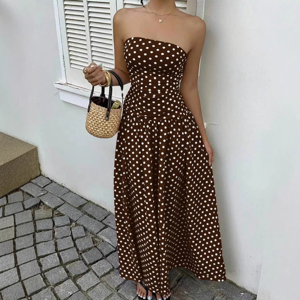 Elegant Polka-dot Off-shoulder Dresses Solid Color Strapless Lady High-waist Robe Commuting Party Business Beach Holiday Outfit-AURA REGALIA 